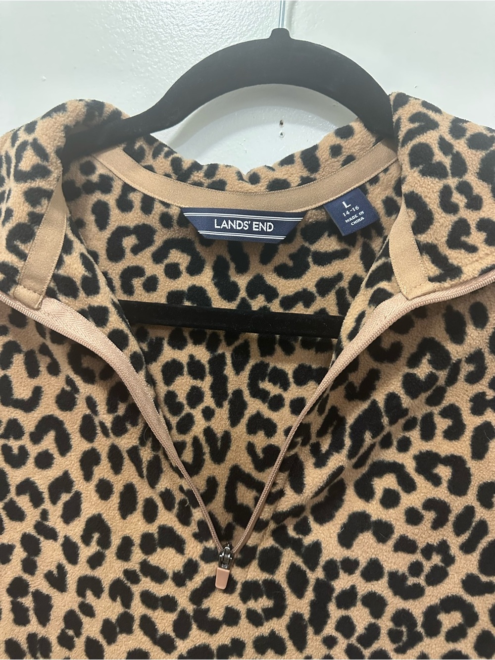 Lands' End Leopard-Print Quarter Zip Fleece - Tan & Black Sz L - Picture 4 of 7